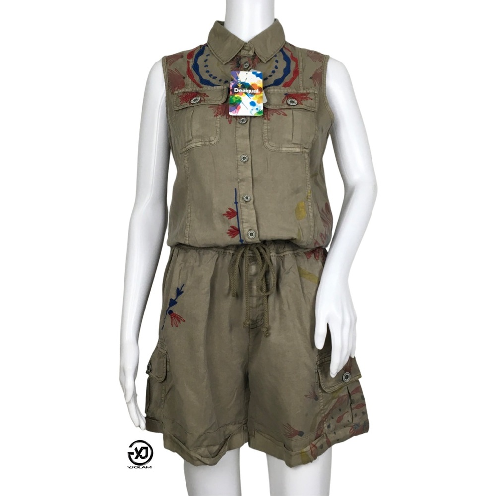 NWT Desigual Women's Mini Romper Embroidery Green Sz 36